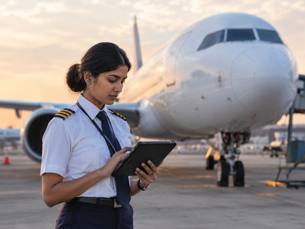 Newly licensed pilot reviewing a flight plan beside an airliner