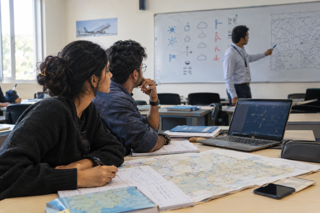 Students studying air navigation in a DGCA ground school classroom 
