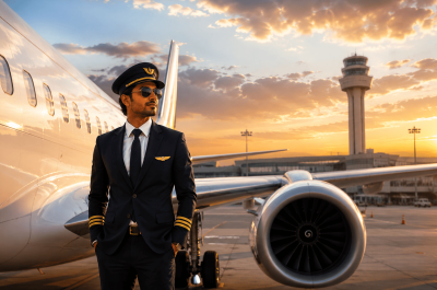 Commercial airline pilot standing beside a passenger aircraft representing pilot salary and career growth in India in 2026.