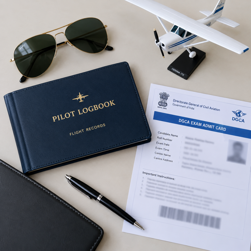 Pilot admission checklist with logbook and documents 