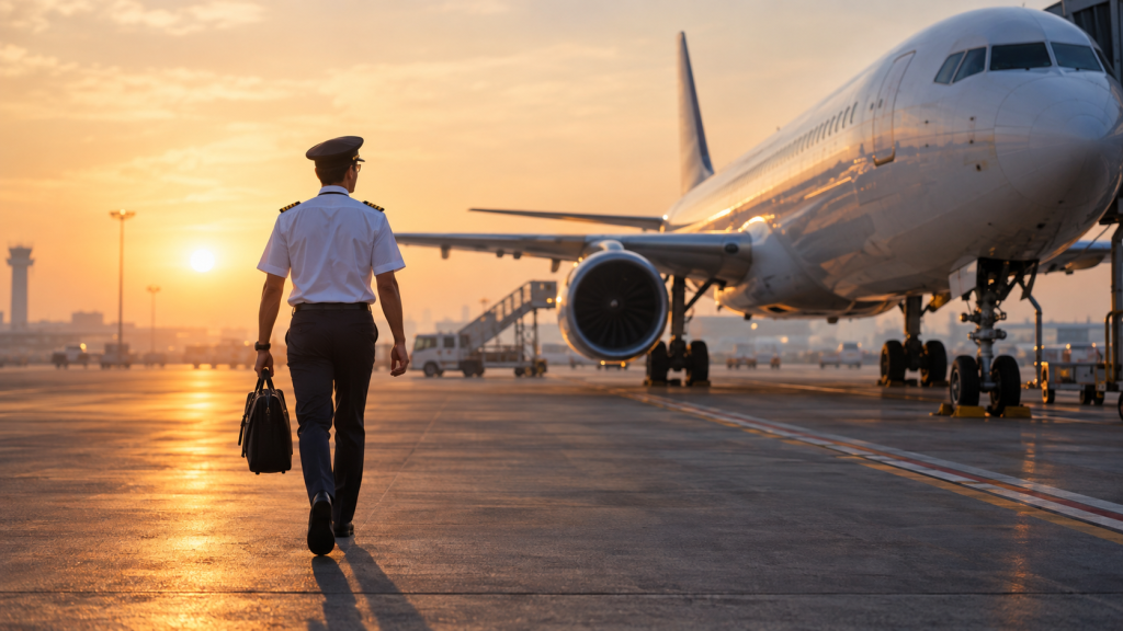  First officer walking to an aircraft at sunrise 