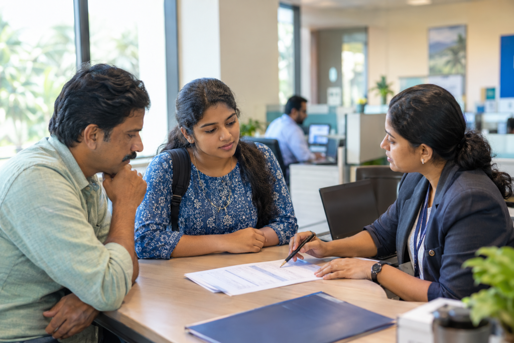 Parent and student discussing an education loan with a bank officer