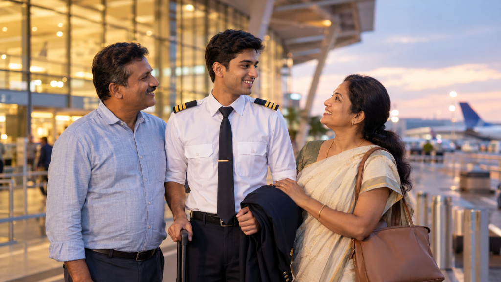 Young pilot with his parents outside an airport 